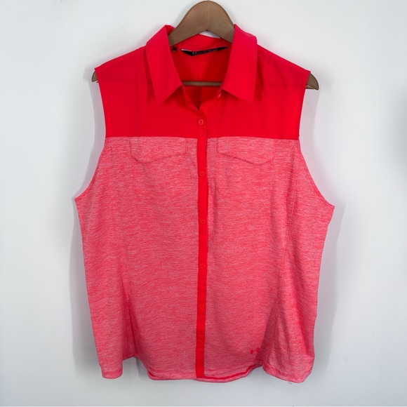 Under Armour Neon Orange Fish Hunter Tank Top XXL Button Up - Picture 1 of 5